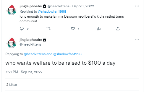 Phoebe:
long enough to make Emma Dawson neoliberal's kid a raging trans communist

... who wants welfare to be raised to $100 a day.